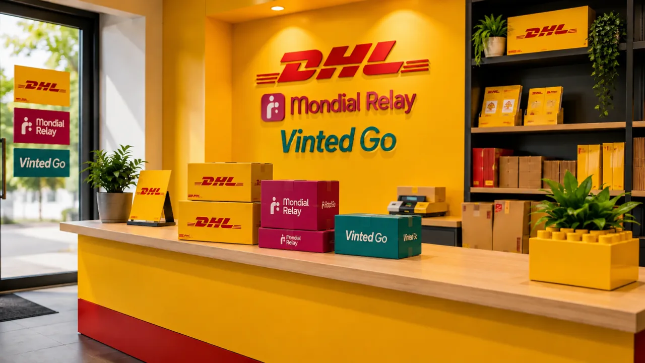 Pakketpunt bij Bouwsteenwinkel in Bussum: balie met pakketten van DHL, Mondial Relay en Vinted Go